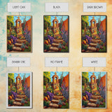 Garden Shrine, Stone Steps, Mission Style, Framed Canvas Print, colorful religious art, desert decor, boho rustic, Living Room Wall Art