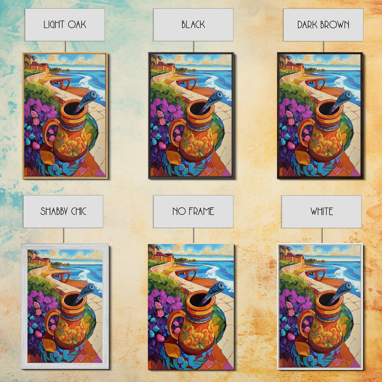 Ocean View, Rustic Charm, Colorful Pottery, Coastal Decor, Framed Canvas Print, Dining Room Wall Art, Mexican Folk Art, vibrant style