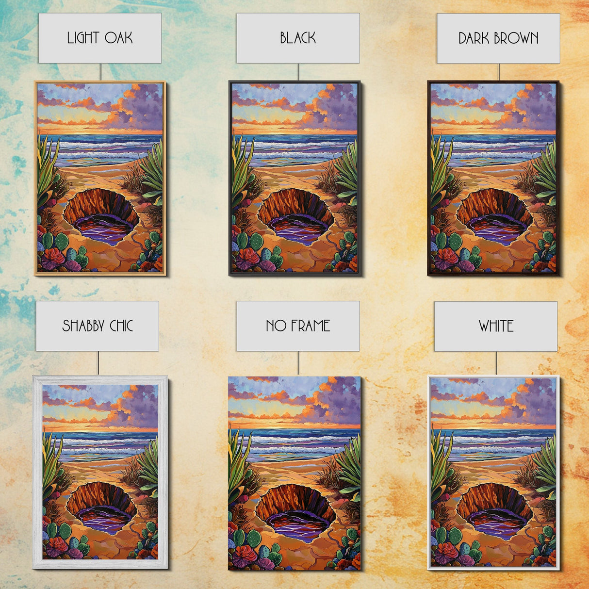 Desert Coast, Sunset Beach, Nature Hole, Surreal Art, Framed Canvas Print, Bedroom Wall Art, trippy boho decor, colorful landscape