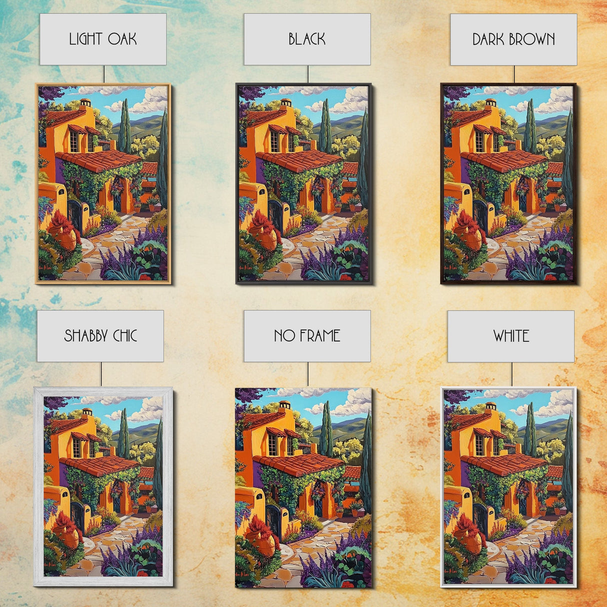 Spanish Villa, Rustic Path, Mediterranean Home Decor, Framed Canvas Print, Warm Color Art, Living Room Wall Art, Autumn Architecture Style