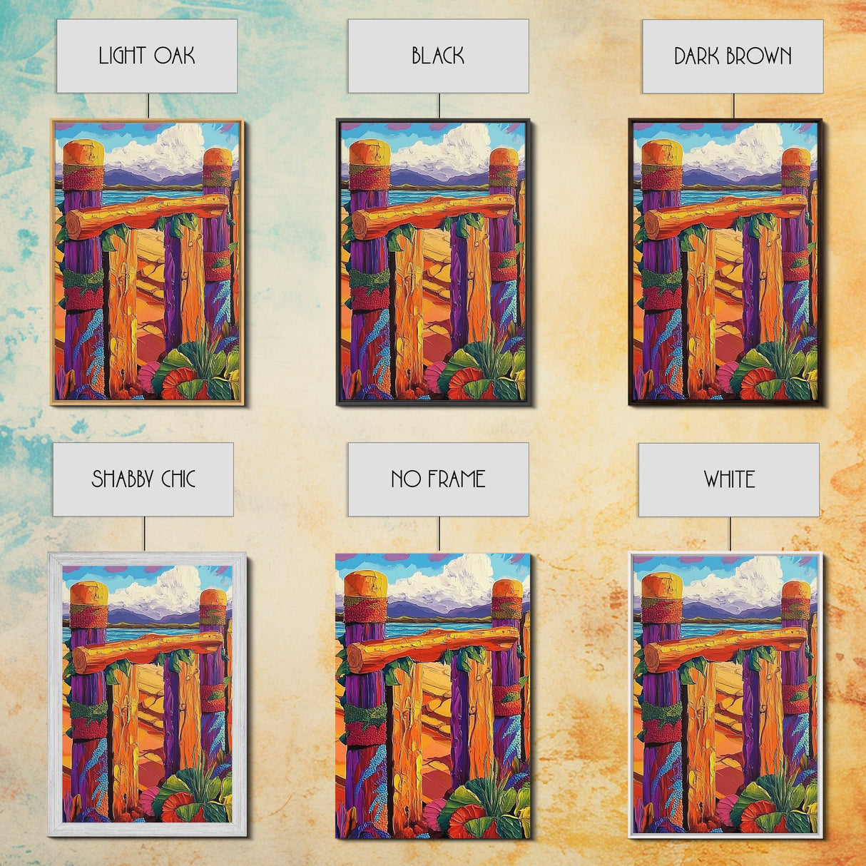 Coastal Fence, Sunset Vibes, Colorful Beach, Ocean Breeze, Framed Canvas Print, Beach House Wall Art, Vibrant Seascape, Tropical Boho Art