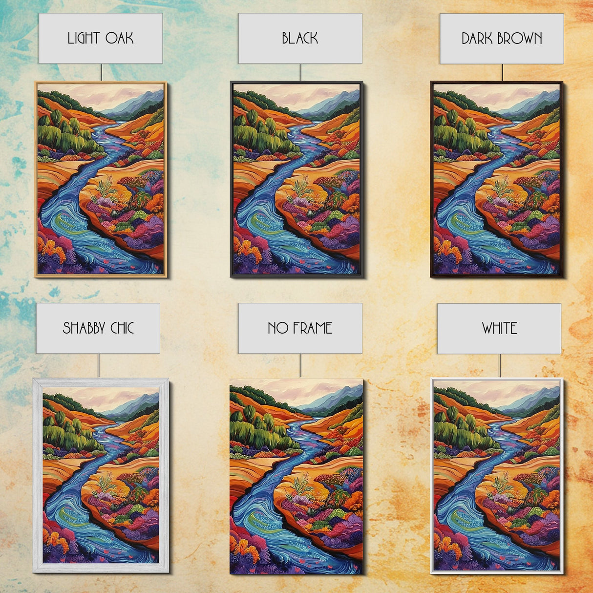 Autumn River Valley, Floral Hillside Art, Bright Fall Landscape, Framed Canvas Print, Seasonal Wall Decor, Living Room Autumn Art