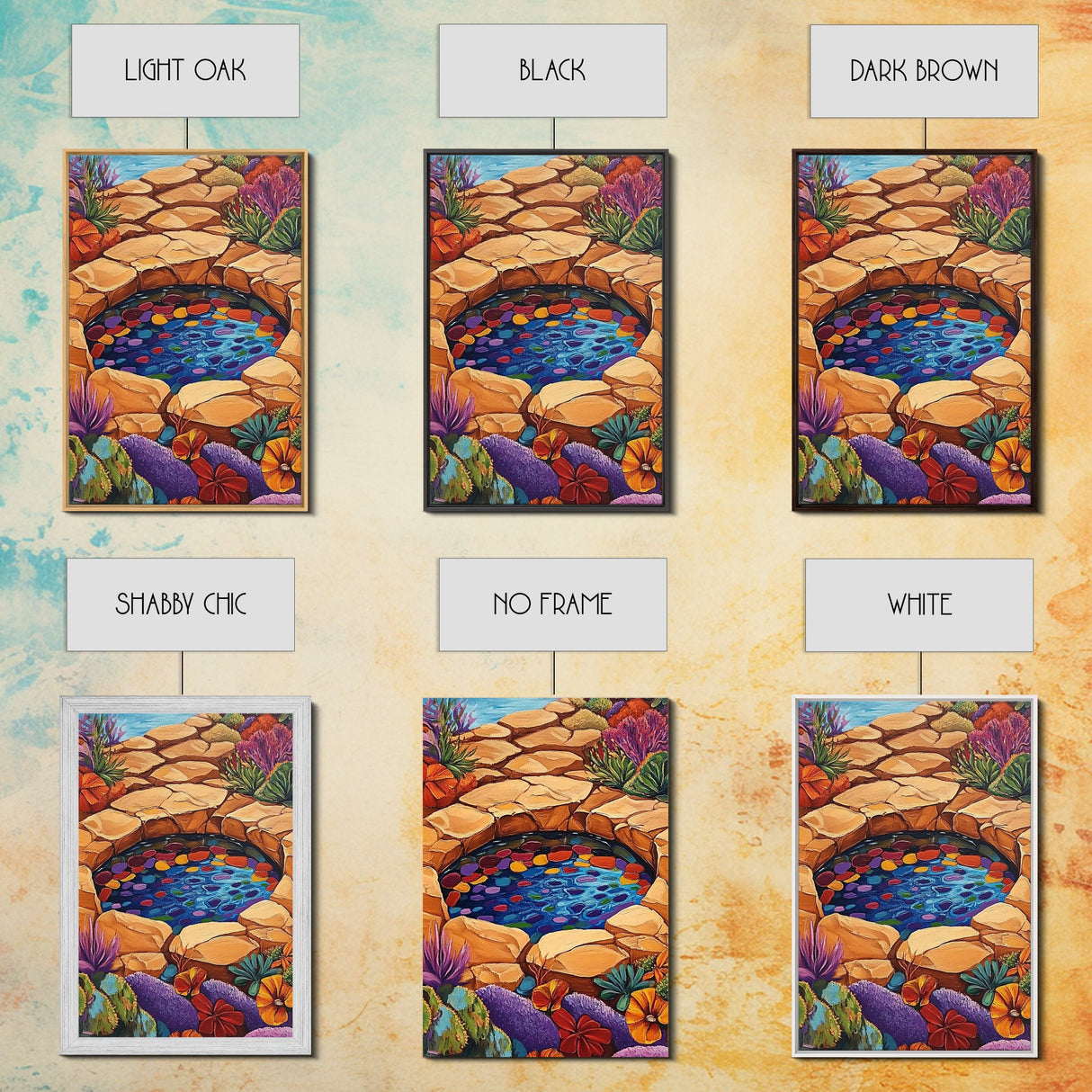 Stone Pool Oasis, Desert Garden Art, Colorful Rock Pond Scene, Framed Canvas Print, Bathroom Wall Decor, Bohemian Nature Art