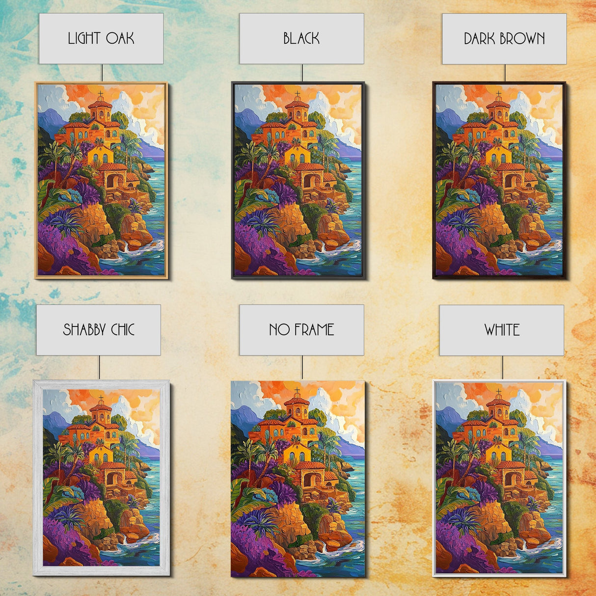Sunset Mission by Sea, Spanish Coastal Church, Tropical Mountain View, Framed Canvas Print, Living Room Art, Bold Wall Statement
