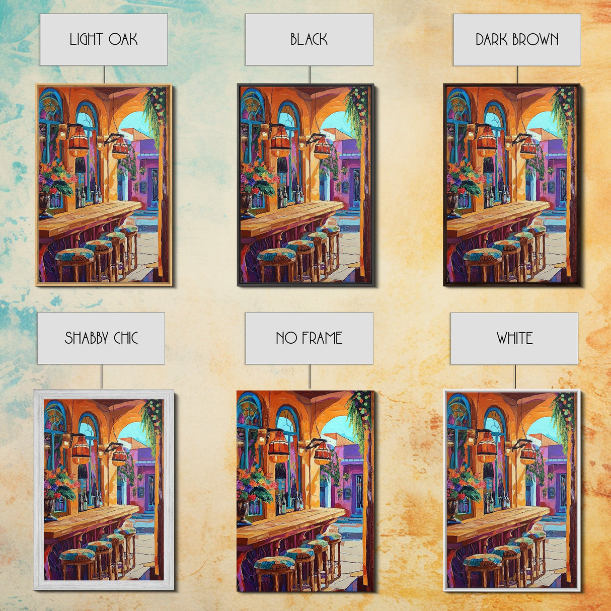 Wine Bar Scene, Cozy Bistro, Mediterranean Patio, Colorful Bar Decor, Kitchen Wall Art, Eclectic Style, Framed Canvas Print