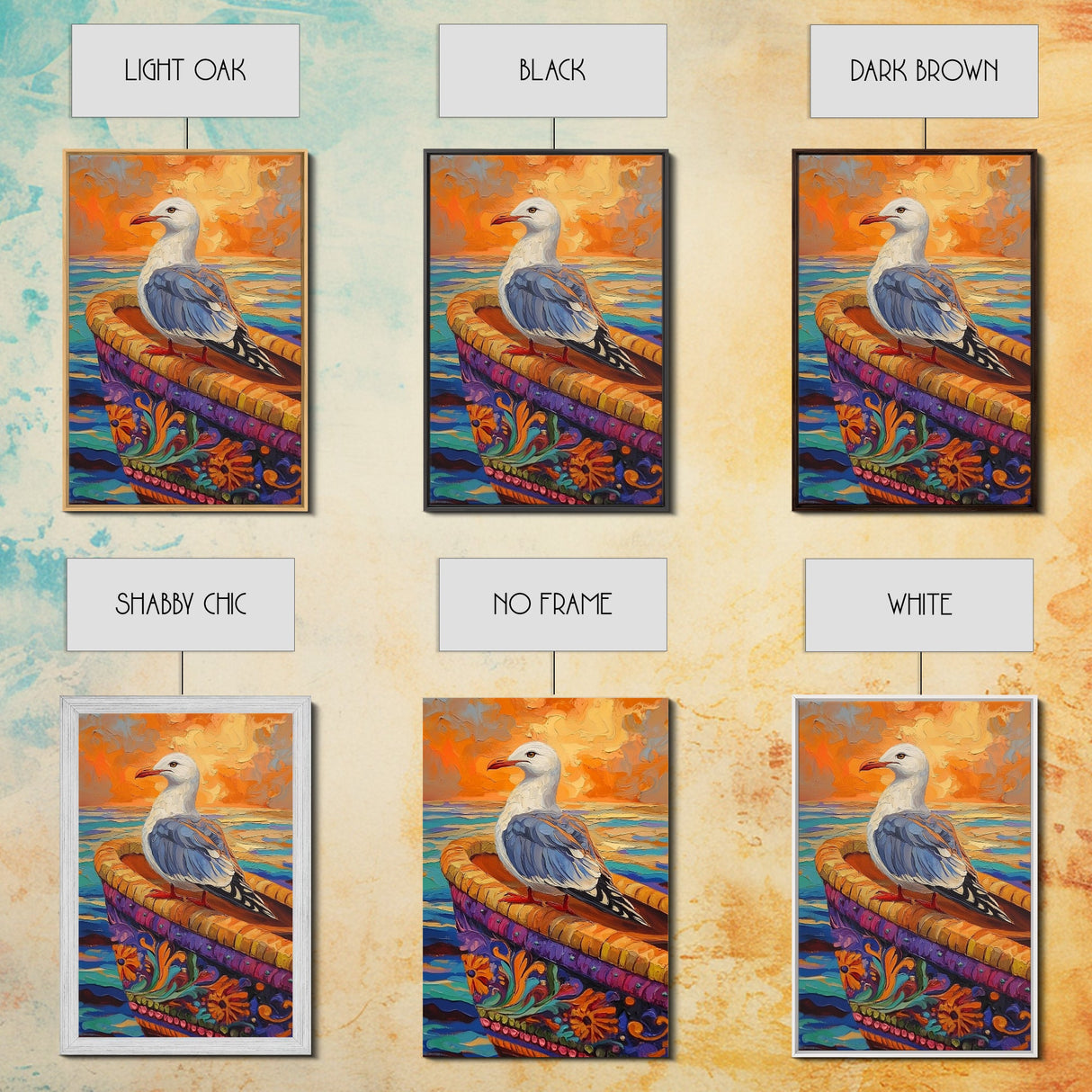 Seagull View, Coastal Bird, Sunset Sky, Ocean Perch, Framed Canvas Print, nautical bird art, hallway wall decor, seagull boho art