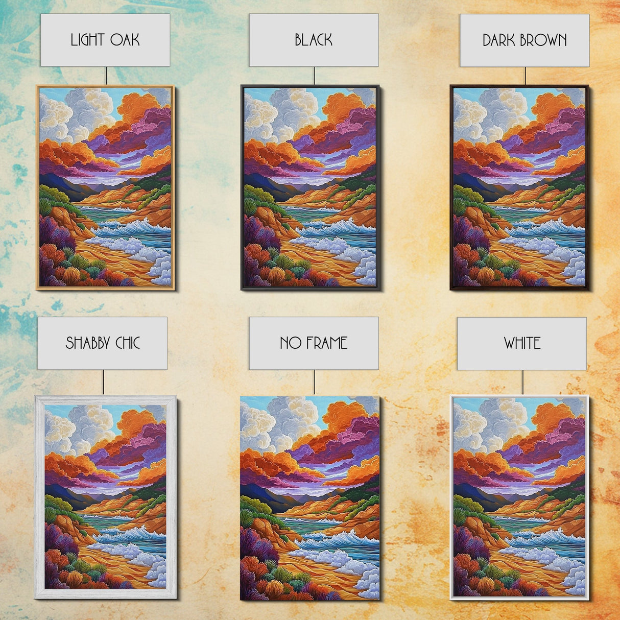 Dramatic Sky, Ocean Hills, Coastal Magic, Colorful Clouds, Framed Canvas Print, living room coastal decor, vibrant nature art, boho fall