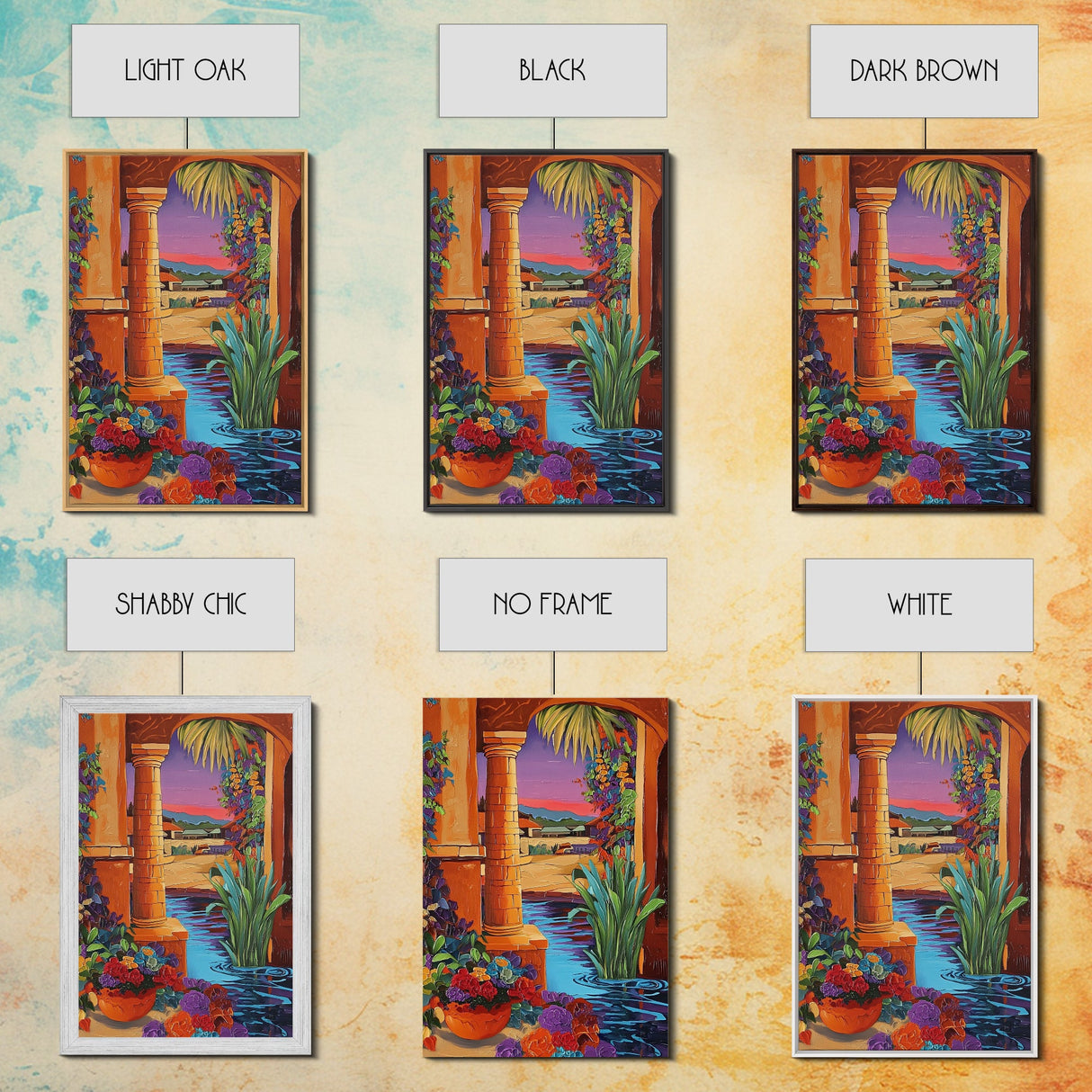 Desert Garden View, Vibrant Sunset Patio, Mexican Courtyard Scene, Framed Canvas Print, Colorful Patio Art, Kitchen Wall Art, Boho Decor
