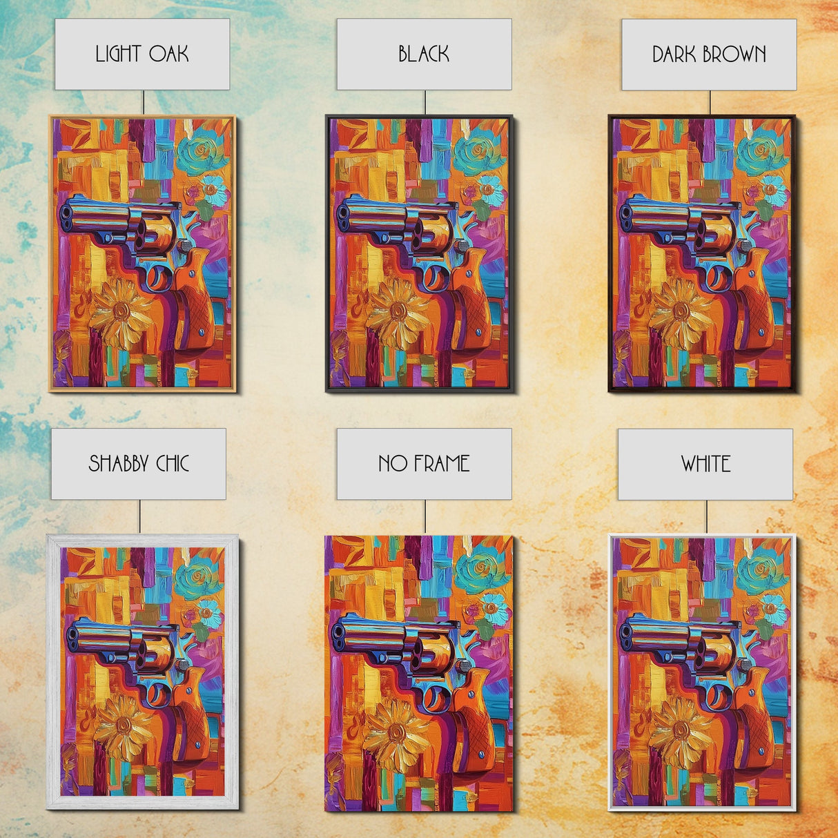 Pop Art Revolver, Bold Gun Art, Urban Wall Decor, Framed Canvas Print, Eclectic Studio Wall Art, Psychedelic Style, Colorful Abstract Art