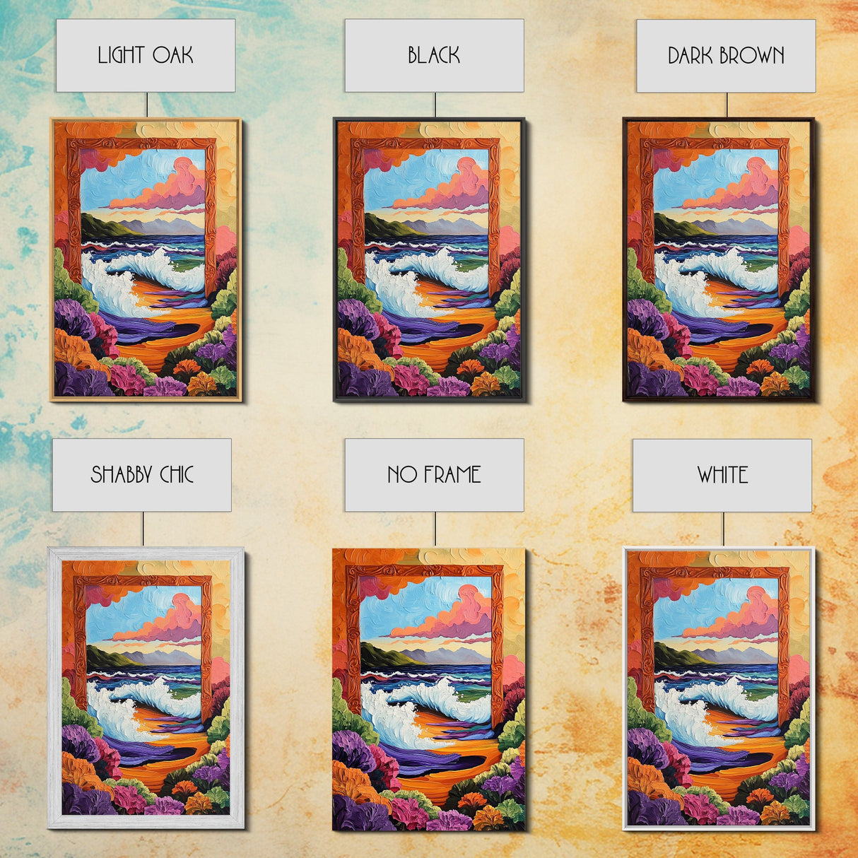 Ocean Frame, Crashing Waves, Surreal Seascape, Floral Shoreline, Framed Canvas Print, Coastal Wall Art, Bathroom Decor, Dreamy Beach Art