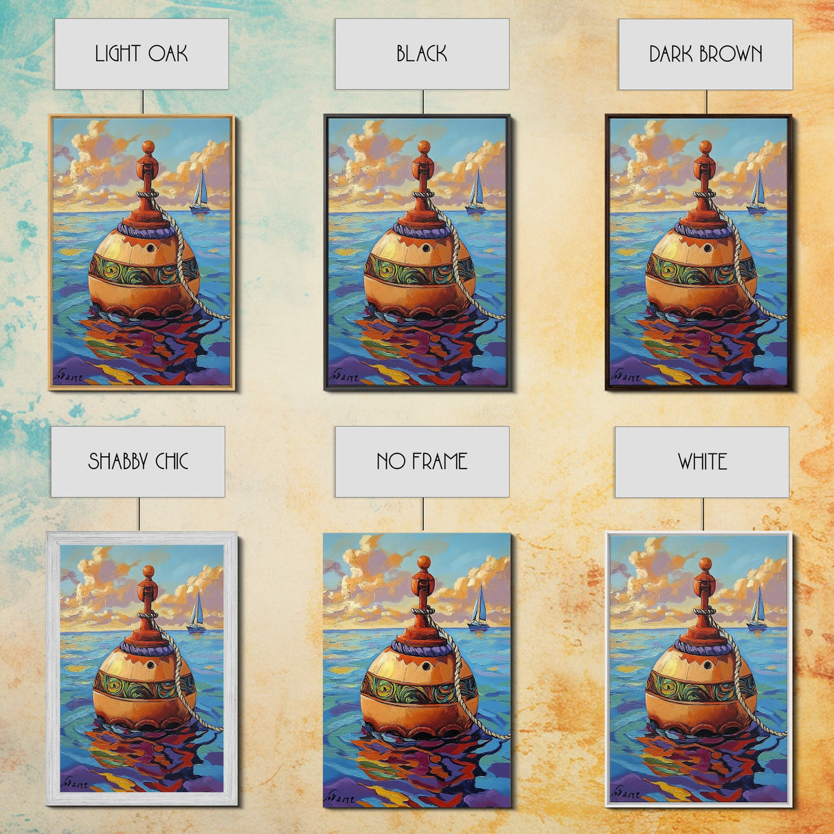 Buoy Ocean Sailboat Painting, Framed Canvas Print, Nautical boho decor, beach home wall art, coastal sunset colors, lakehouse vibe