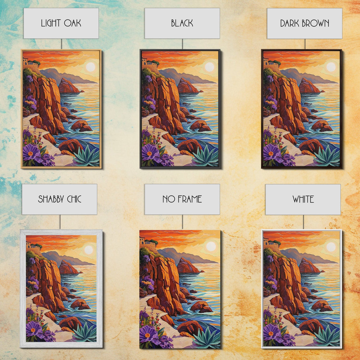 Sunset Coast, Rocky Shore, Ocean Glow, Golden Hour, Framed Canvas Print, Living Room Wall Art, Nature Landscape Decor, Coastal Fall Artwork