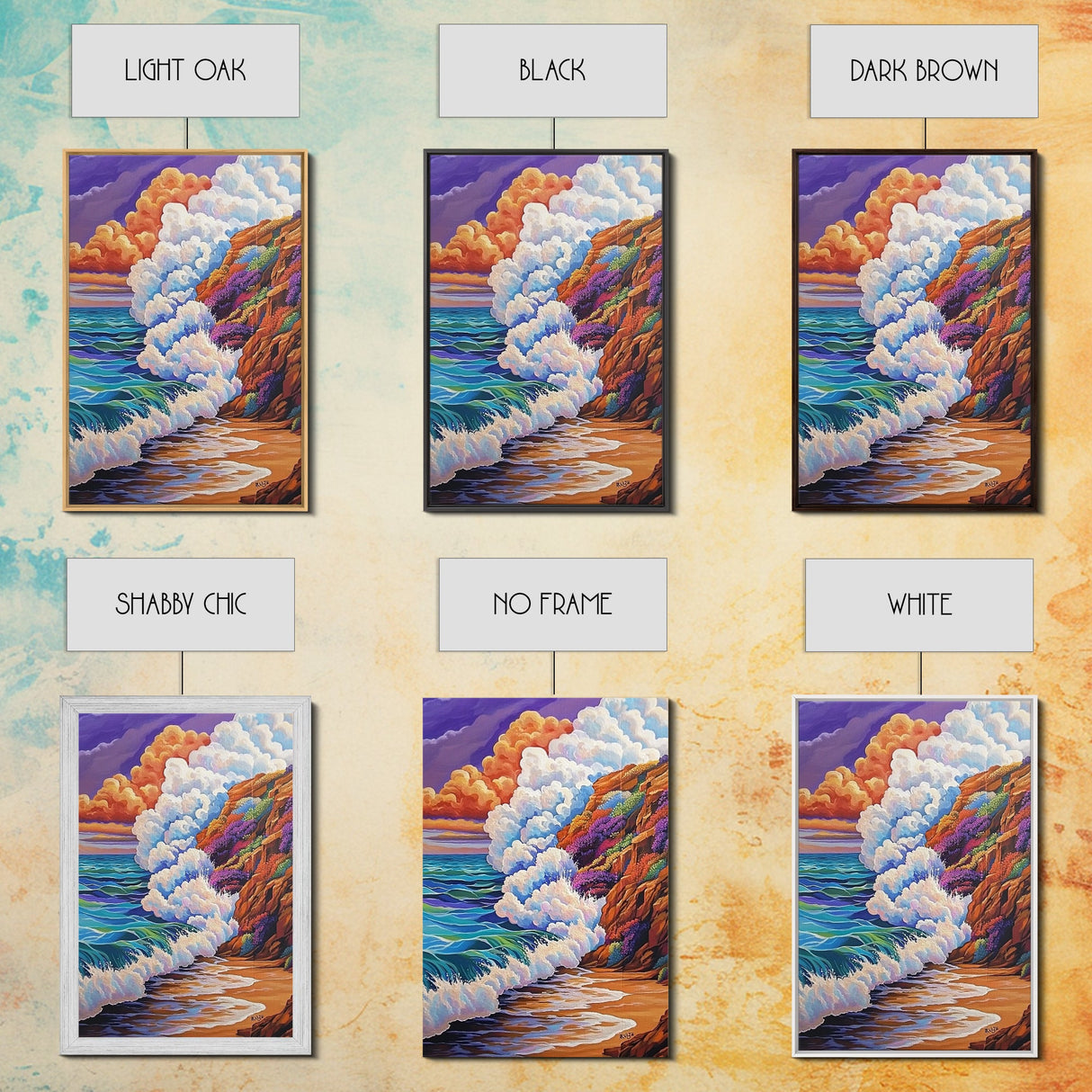 Ocean Wave, Sunset Sky, Rocky Coast, Vibrant Sea — Framed Canvas Print beach wall decor, colorful ocean art, coastal living room wall art