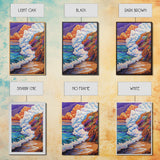 Ocean Wave, Sunset Sky, Rocky Coast, Vibrant Sea — Framed Canvas Print beach wall decor, colorful ocean art, coastal living room wall art