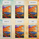 Coastal Hills, Sunset Path, Ocean View, Fiery Sky — Framed Canvas Print Autumn landscape painting, colorful kitchen wall art, boho decor
