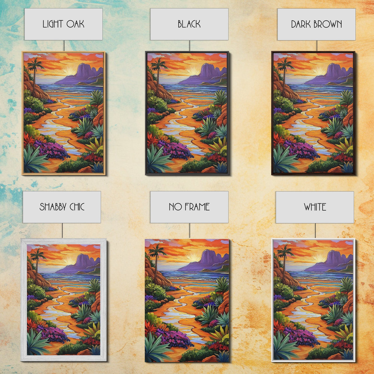 Desert Beach, Mountain Sunset, Ocean Stream, Palm Tree — Framed Canvas Print vibrant landscape wall art, boho living room, beach house decor