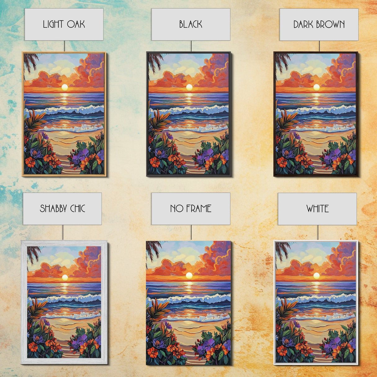 Tropical Beach, Sunset Waves, Lush Florals, Orange Glow — Framed Canvas Print vibrant coastal art, bathroom or bedroom beach decor, boho vibe
