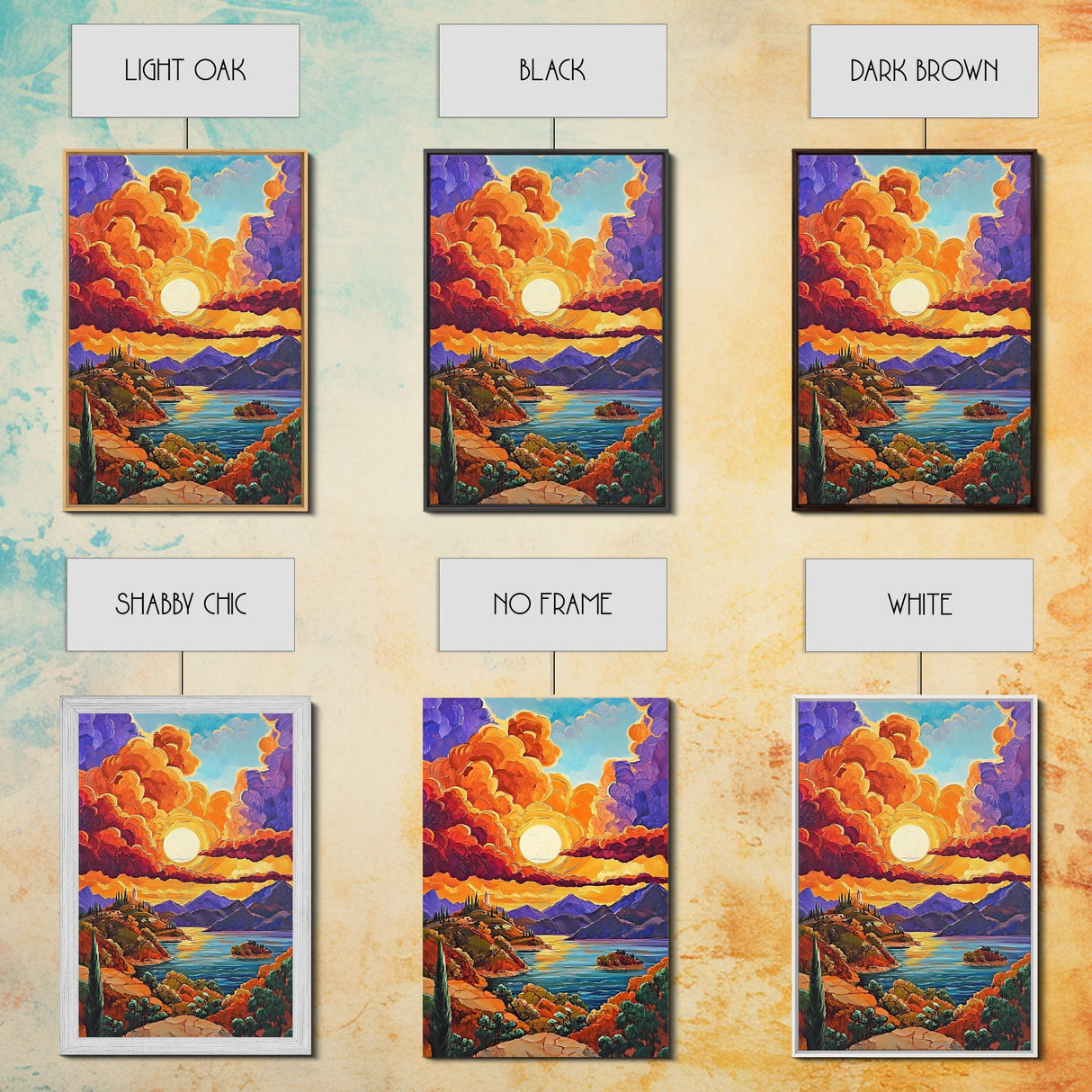 Golden Sky, Mountain Lake, Sunset Clouds, Vibrant Hills — Canvas Print whimsical nature scene, bold landscape wall decor, cozy Autumn vibe