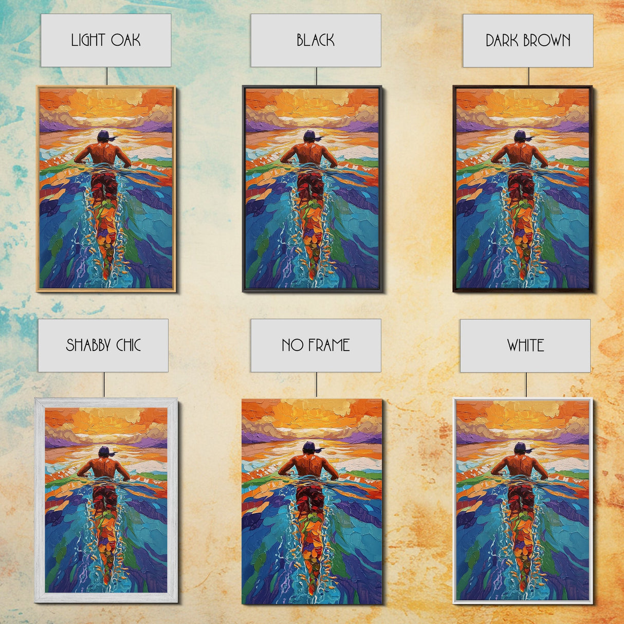 Man Swimming Sunset, Ocean Freedom Art, Tropical Wall Decor, Canvas Print, Bright Water Colors, Bold Bathroom Wall Art