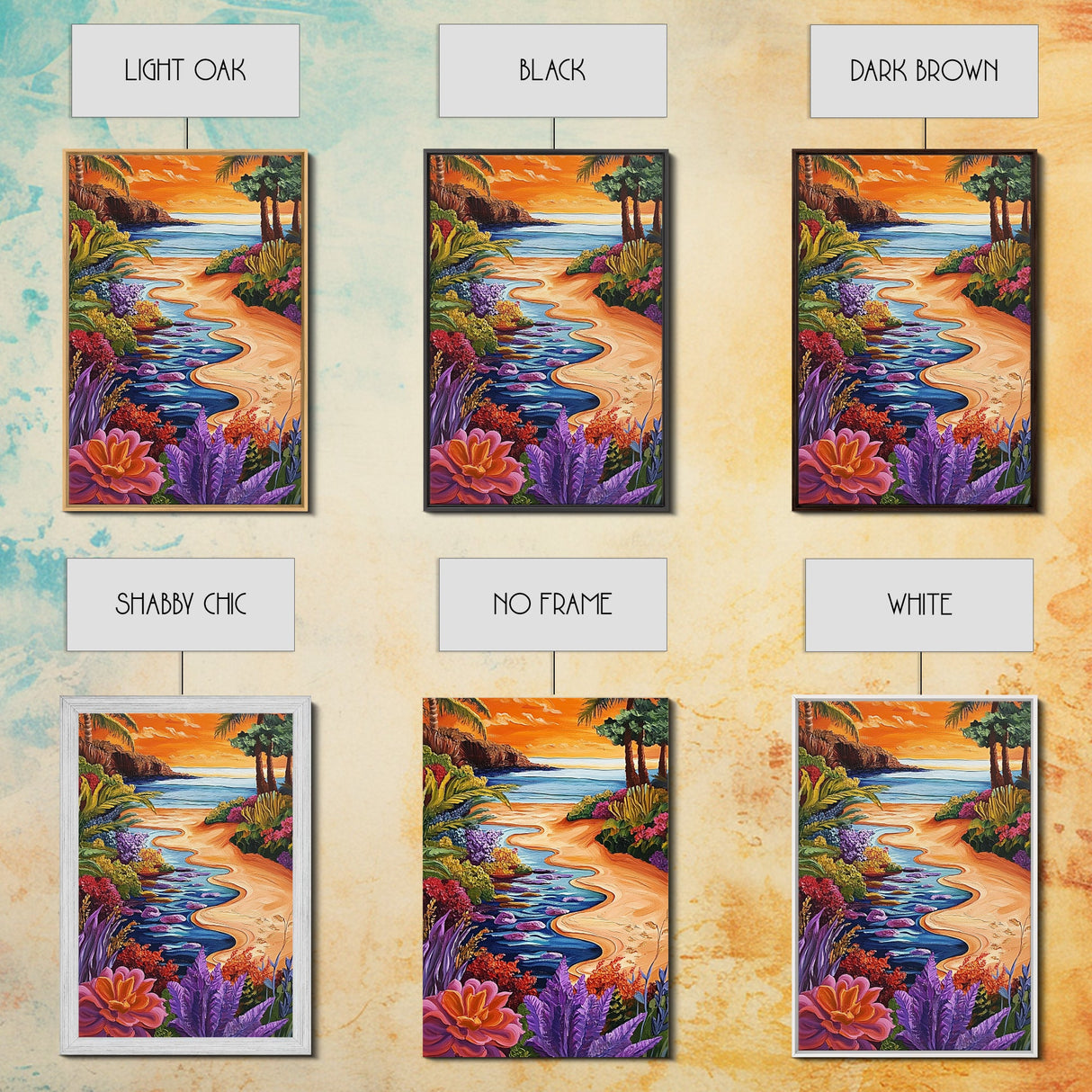 Tropical Beach Path, Sunset Garden Vibes, Colorful Coastal Landscape, Canvas Print, Boho Summer Decor, Bathroom Wall Art