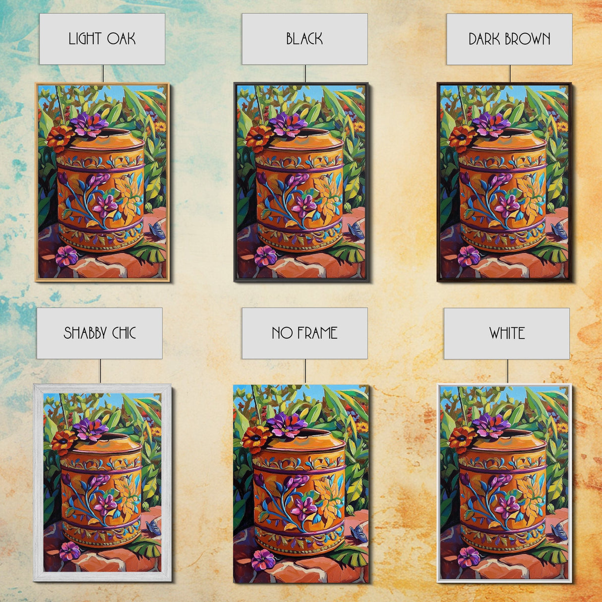 Floral Pot Still Life, Garden Patio Art, Colorful Ceramic Design, Framed Canvas Print, Kitchen Wall Art, Bohemian Home Style