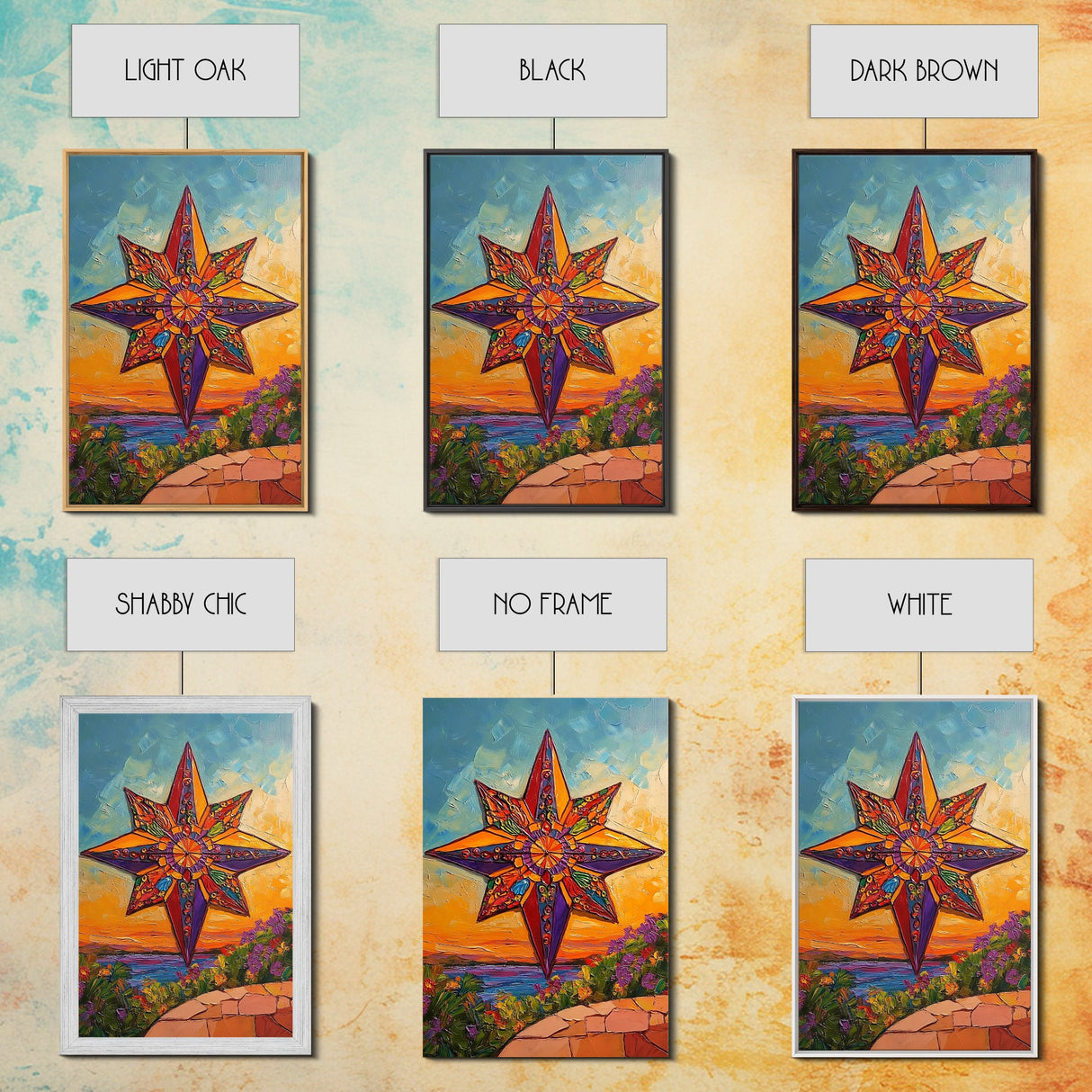 Colorful Starburst Sky, Sunset Mosaic Star Art, Vibrant Landscape Design, Canvas Print, Fall Living Room Decor, Boho Wall Accent