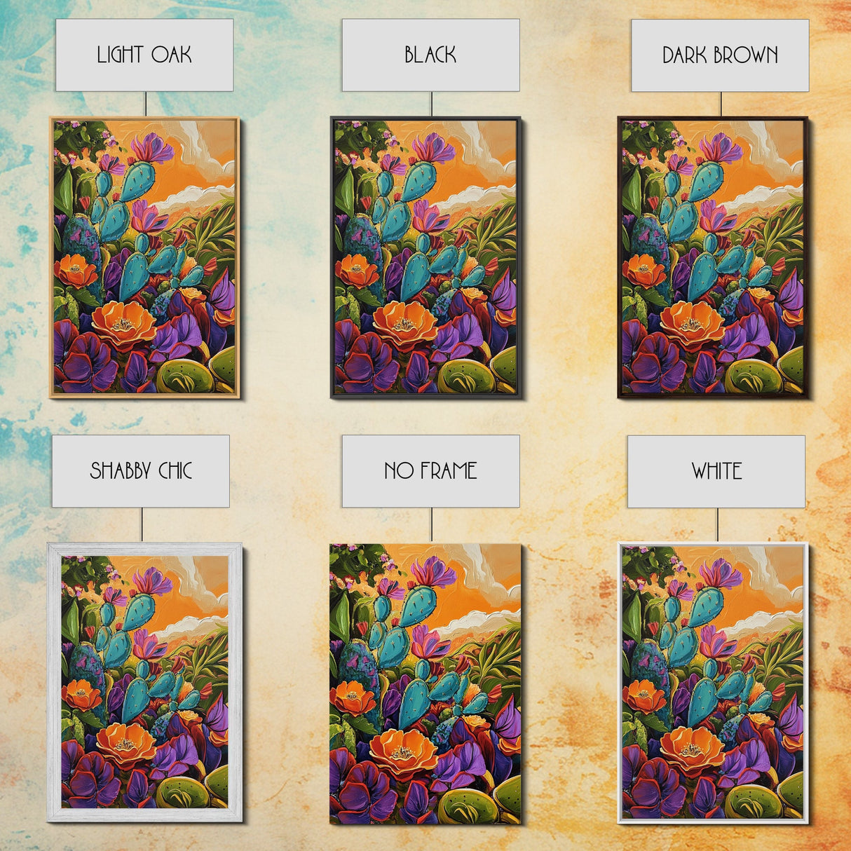Prickly Wildflowers, Cactus, Garden, Framed Canvas Print floral cactus art, vibrant botanical painting, nature decor, desert boho living room