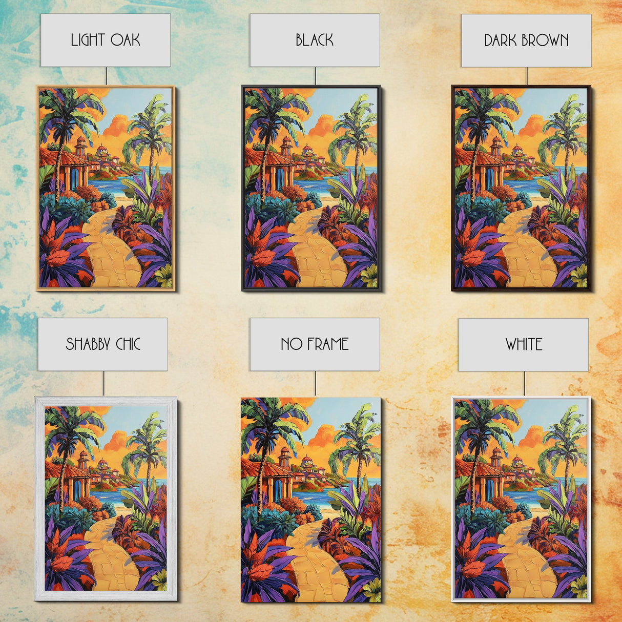Coastal Village Path, Sunset Vibes, Tropical Getaway, Bright Colors, Framed Canvas Print, Coastal Wall Art, Living Room Decor, Boho Art