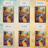 Coastal Village Path, Sunset Vibes, Tropical Getaway, Bright Colors, Framed Canvas Print, Coastal Wall Art, Living Room Decor, Boho Art