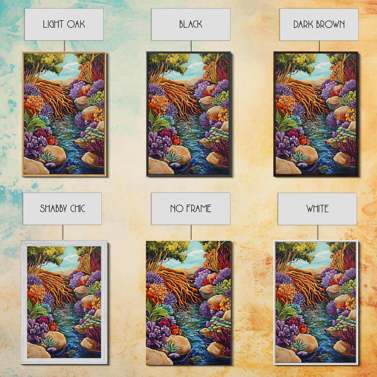 Tree Roots Water, Forest Creek, Vibrant Flora, Nature Beauty, Framed Canvas Print, Office Wall Art, Botanical Decor, Whimsical Art