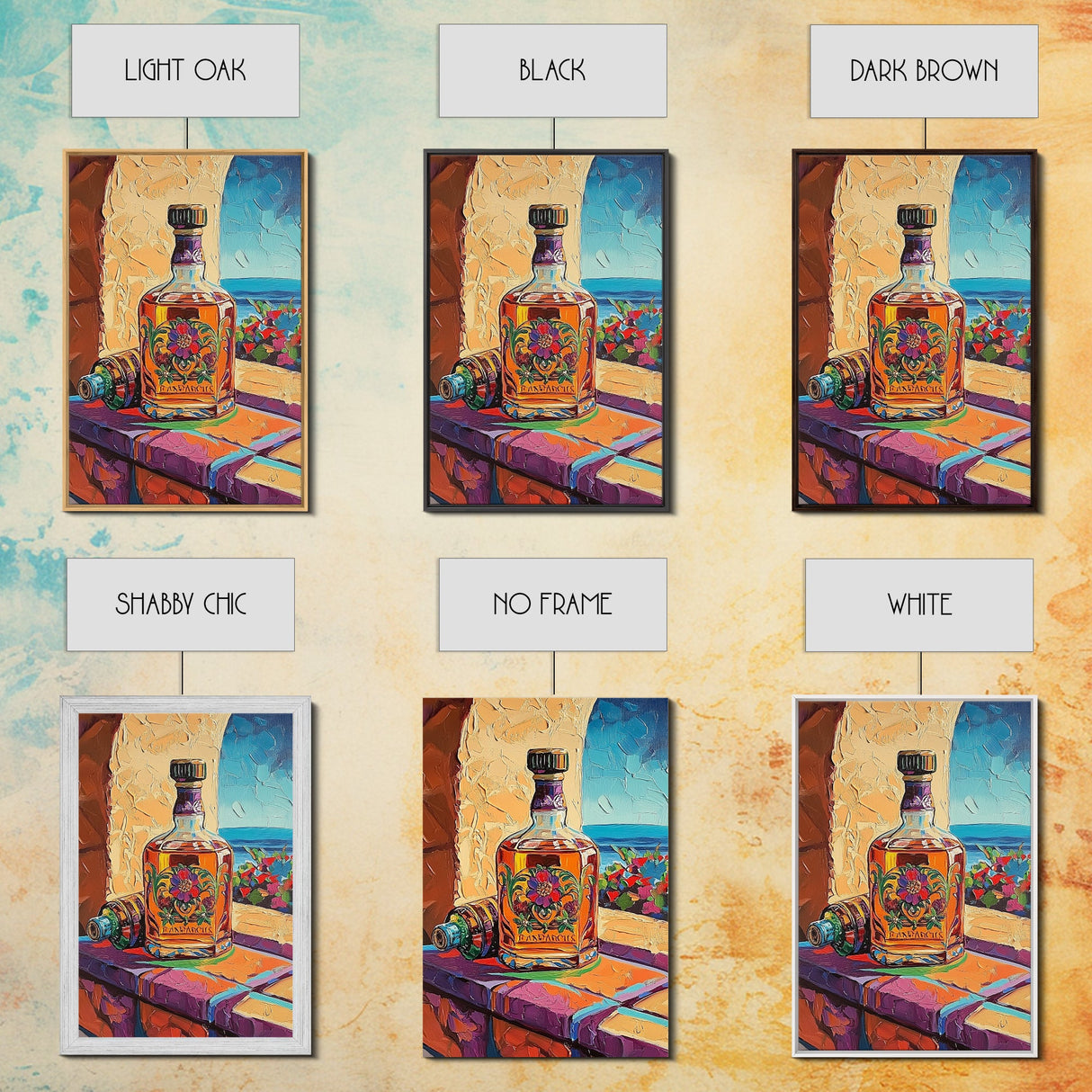 Tequila Bottle, Colorful Spirits, Bar Decor, Still Life, Framed Canvas Print kitchen wall art, Mexican bar art, fiesta rustic painting