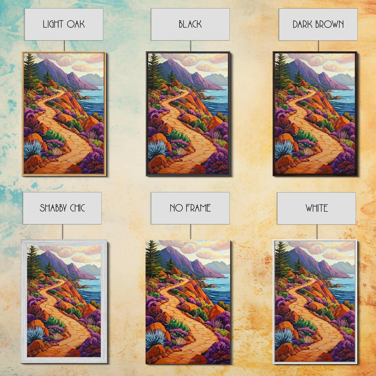 Winding Trail, Ocean Cliffs, Coastal Landscape, Mountain View, Framed Canvas Print, rustic wall art, cabin decor, colorful nature painting