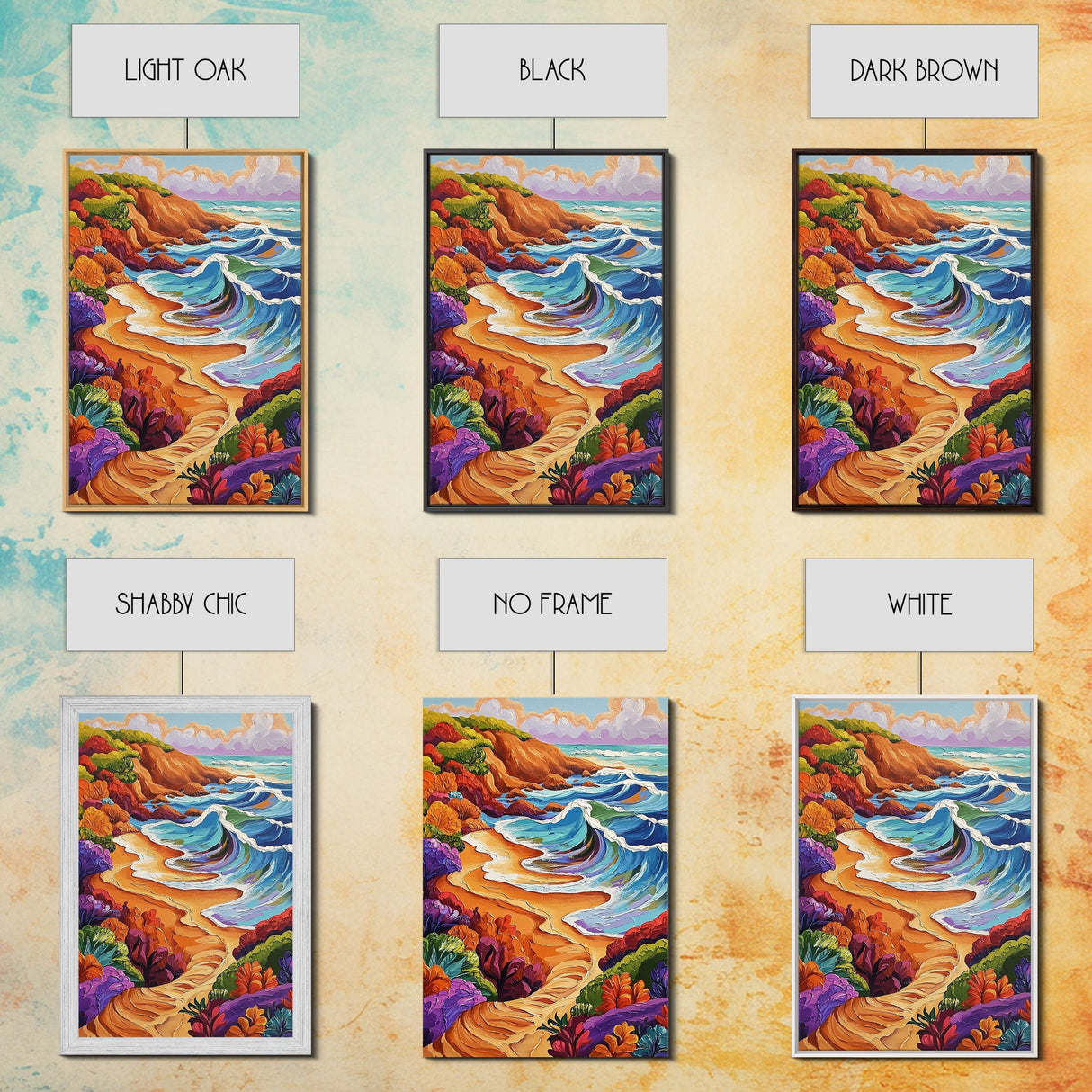 Colorful Beach, Tropical Waves, Vibrant Landscape, Coastal Flowers, Framed Canvas Print, boho art, sunroom wall decor, beach house painting