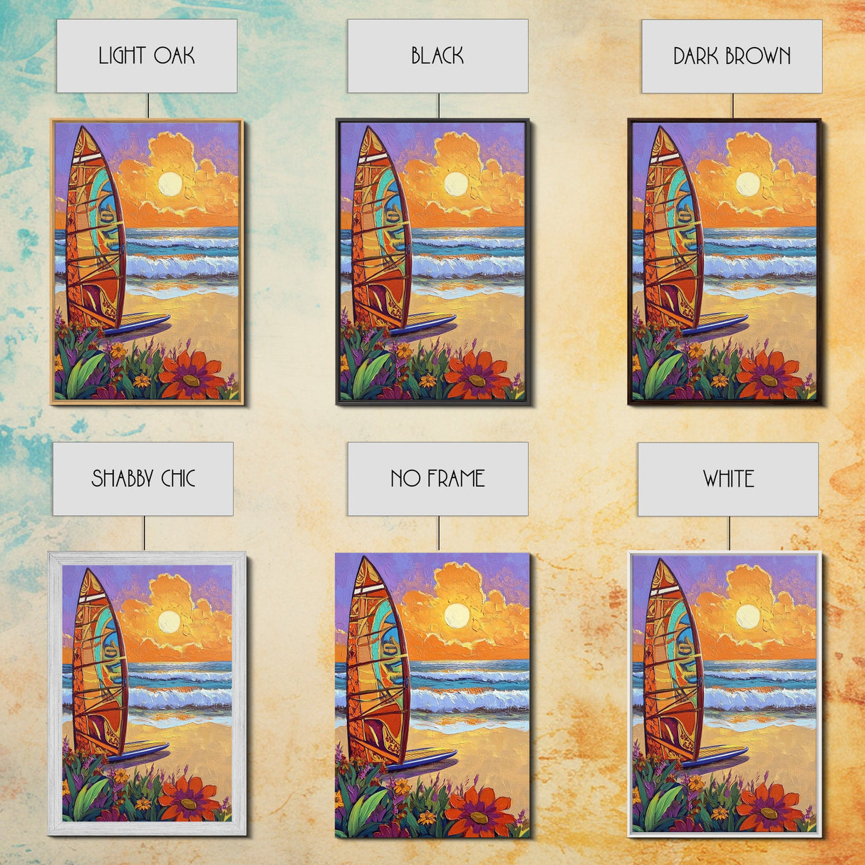 Surfboard Sunset, Ocean View, Floral Beach, Boho Style, Framed Canvas Print, beach lover gift, tropical home decor, coastal living wall art