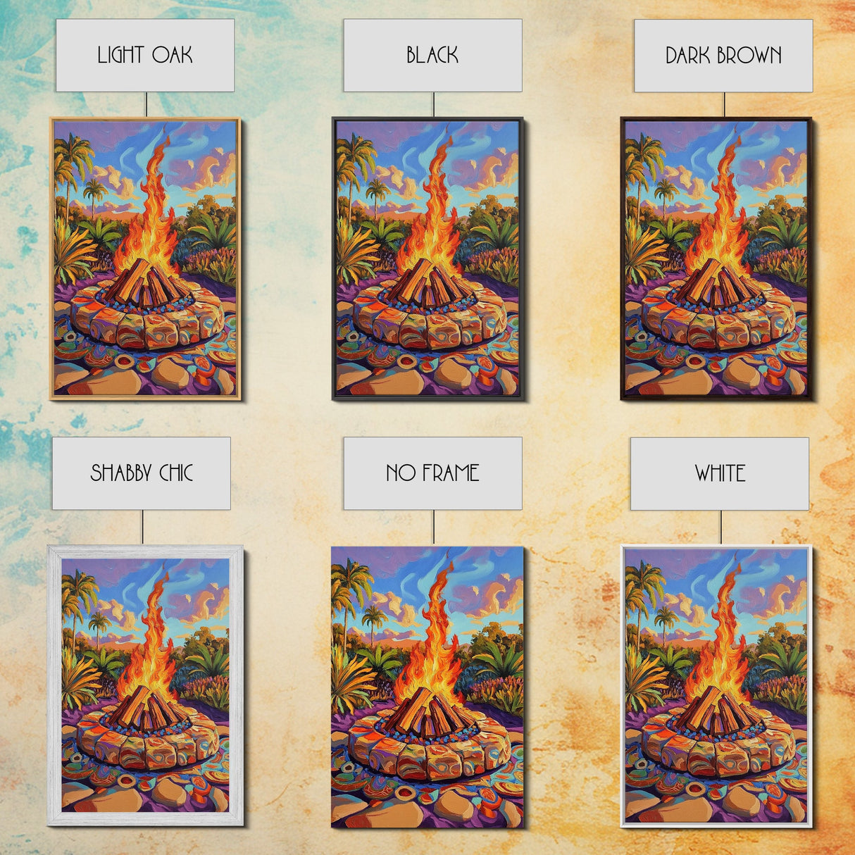 Campfire Palm Trees, Flame, Sunset, Framed Canvas Print tropical bonfire art, cozy fire pit painting, Fall decor, outdoor living room wall art