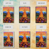 Flames Forest, Dusk, Firelight, Framed Canvas Print rustic bonfire wall art, forest painting, Autumn cabin decor, cozy living room wall art