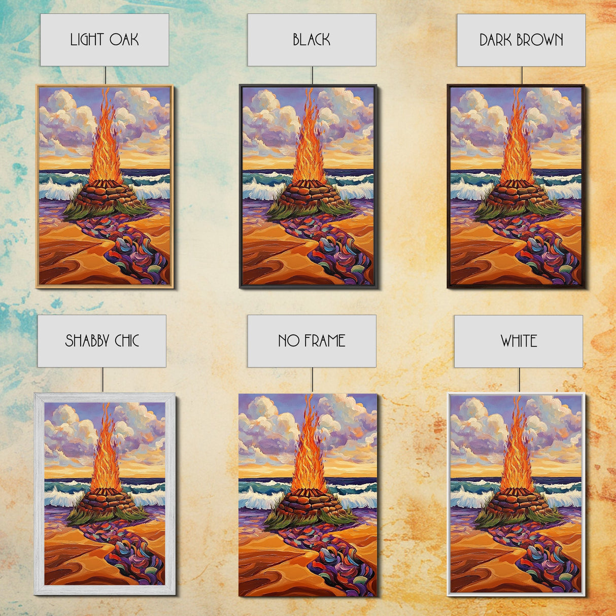 Bonfire Beach, Twilight, Ocean, Framed Canvas Print fire pit artwork, vibrant beach decor, ocean waves and flames, Fall living room wall art