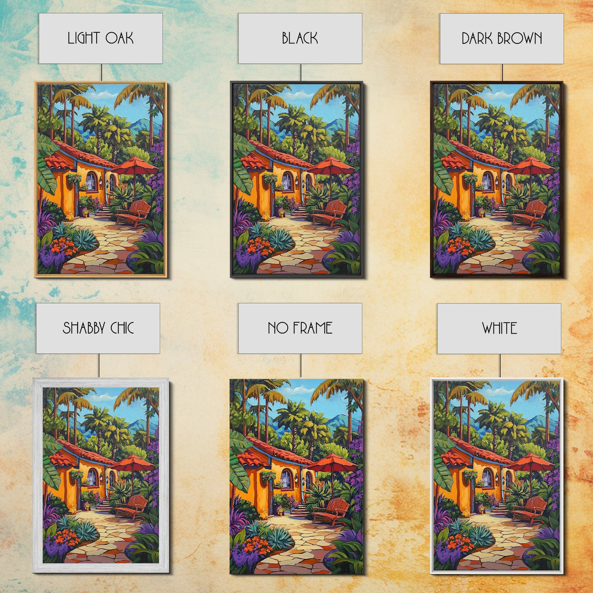 Tropical Courtyard, Retreat, Pathway, Framed Canvas Print, vibrant tropical patio scene, colorful garden art, Spanish boho home decor