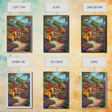 Tropical Courtyard, Retreat, Pathway, Framed Canvas Print, vibrant tropical patio scene, colorful garden art, Spanish boho home decor