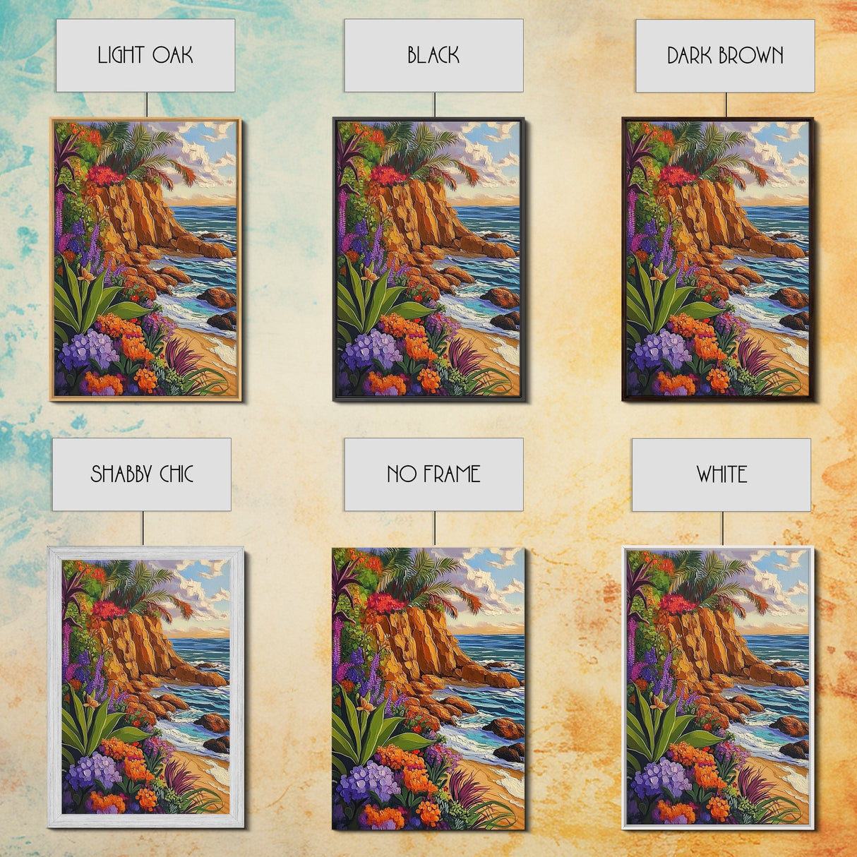 Tropical Coast, Flowers, Waves, Framed Canvas Print vibrant beach cliff wall art, coastal botanical boho decor, Living Room Wall Art