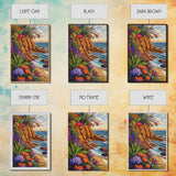 Tropical Coast, Flowers, Waves, Framed Canvas Print vibrant beach cliff wall art, coastal botanical boho decor, Living Room Wall Art
