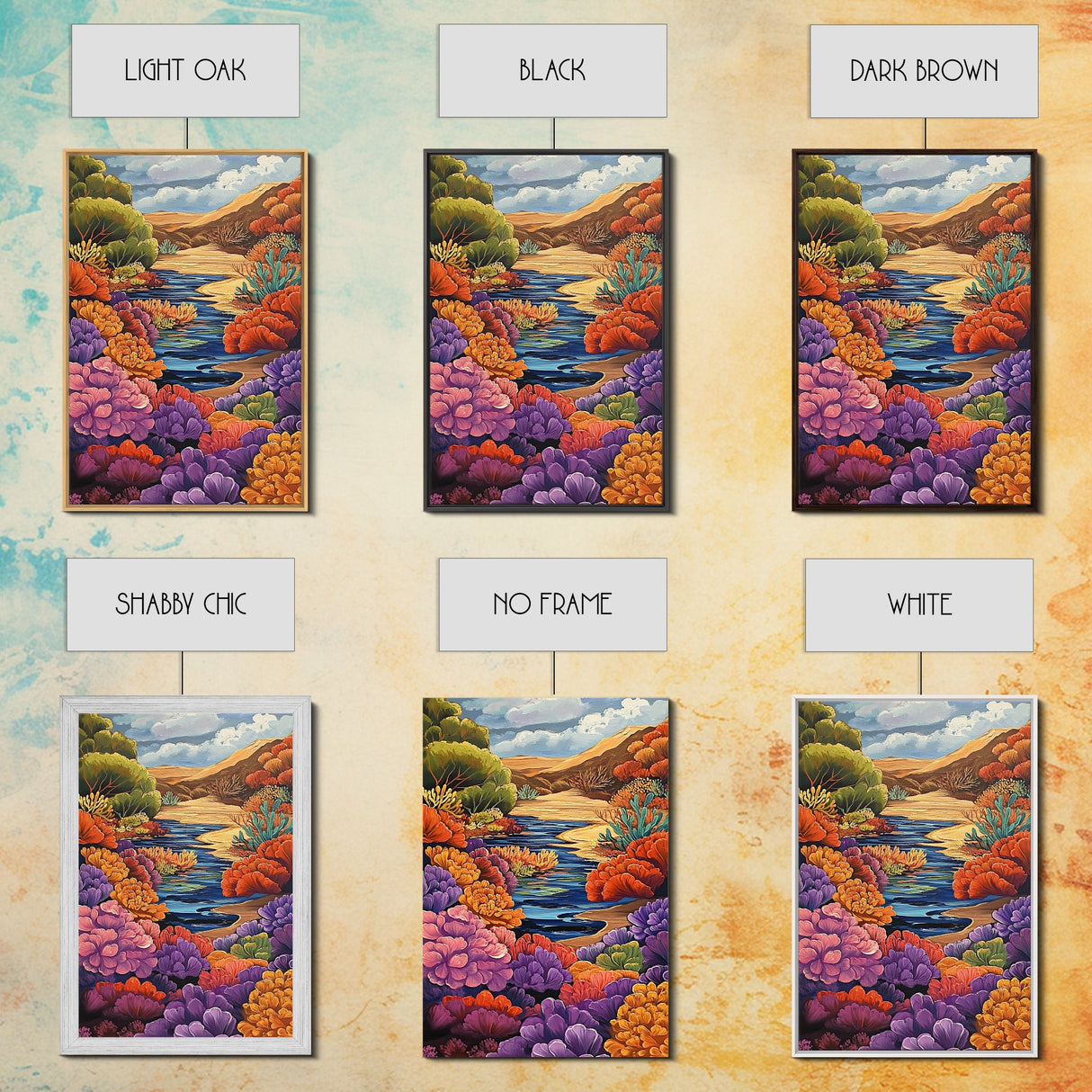 River, Desert, Floral, Art, Canvas Print, Colorful floral river scene with desert hills, perfect bedroom or hallway Southwestern wall art