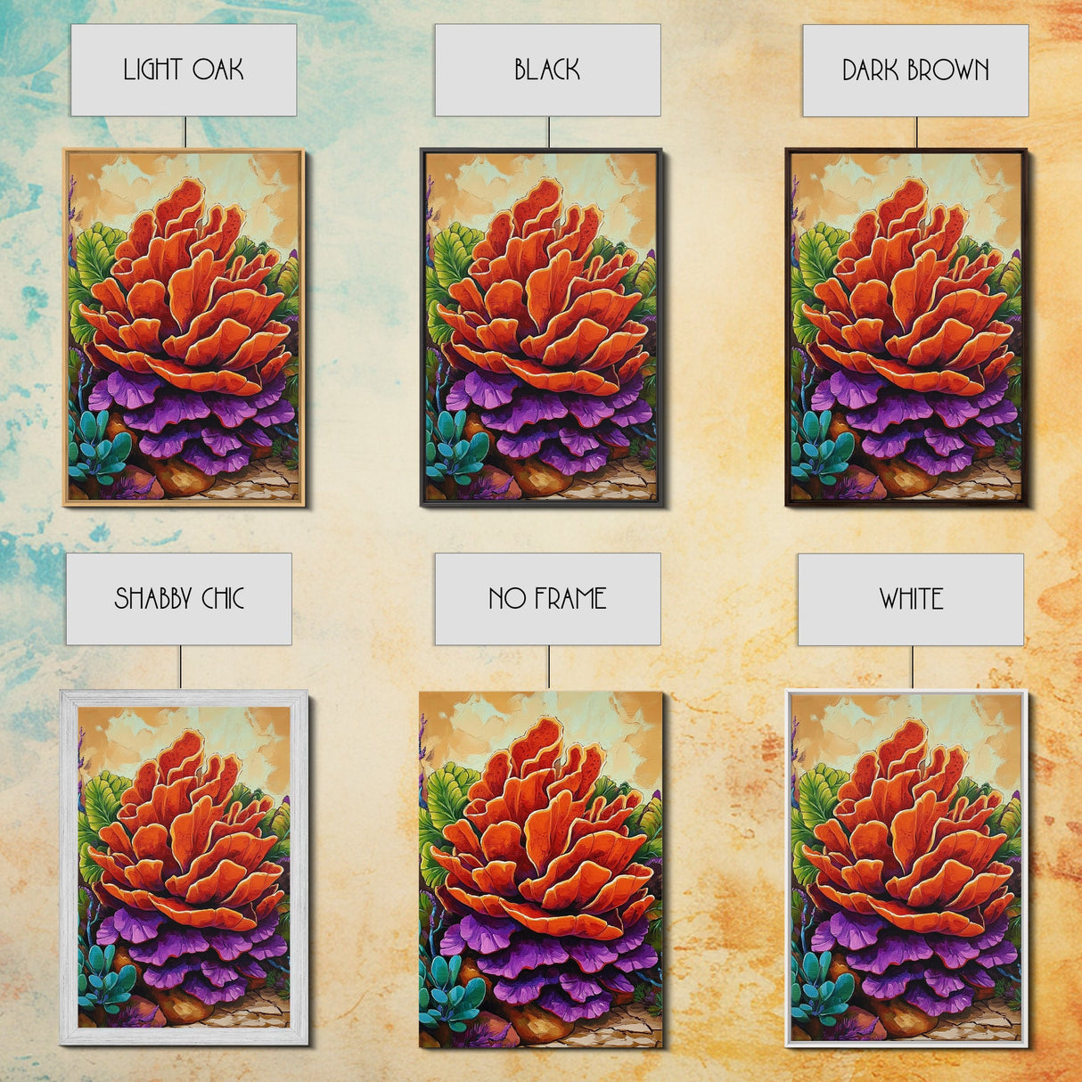 Succulent, Cactus, Orange, Purple, Framed Canvas Print, Bold desert succulent bloom art in orange and purple, living room statement piece