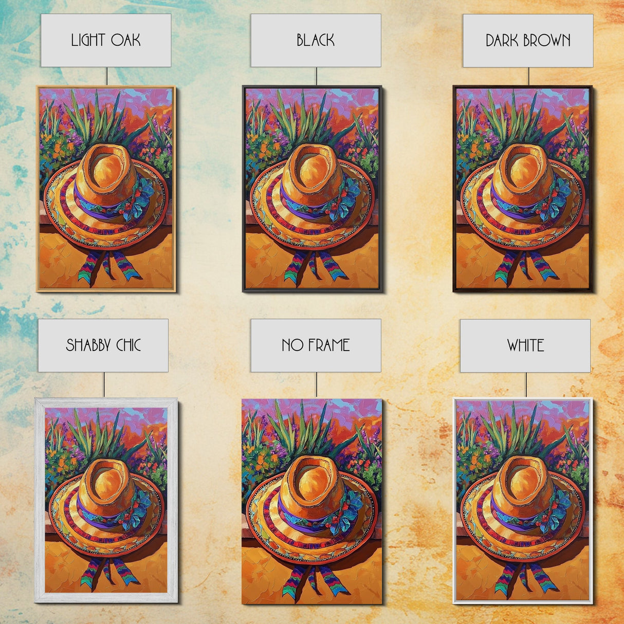 Sombrero, Garden, Boho, Floral, Framed Canvas Print, Bright floral garden sombrero artwork, perfect boho colorful kitchen wall art