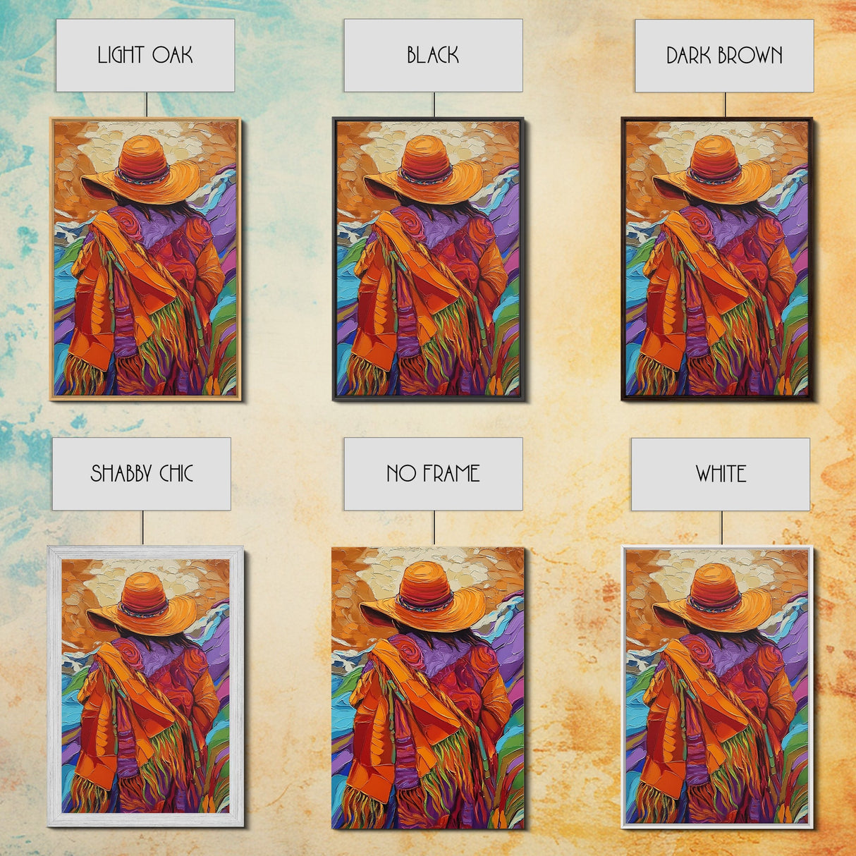 Woman, Hat, Mountains, Blanket, Canvas Print, Southwest-inspired woman with hat and blanket, rustic fall-themed living room wall decor