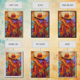 Woman, Hat, Mountains, Blanket, Canvas Print, Southwest-inspired woman with hat and blanket, rustic fall-themed living room wall decor