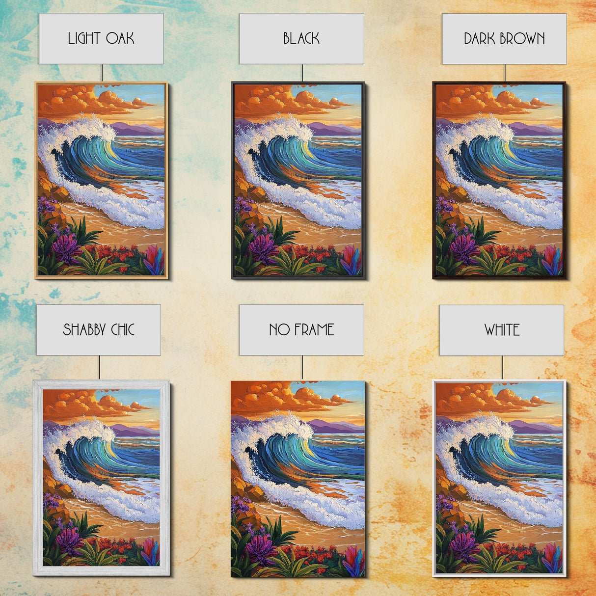 Wave Sunset, Ocean, Flowers, Canvas Print, Crashing sunset wave with tropical flowers, coastal bathroom and surf-themed wall decor