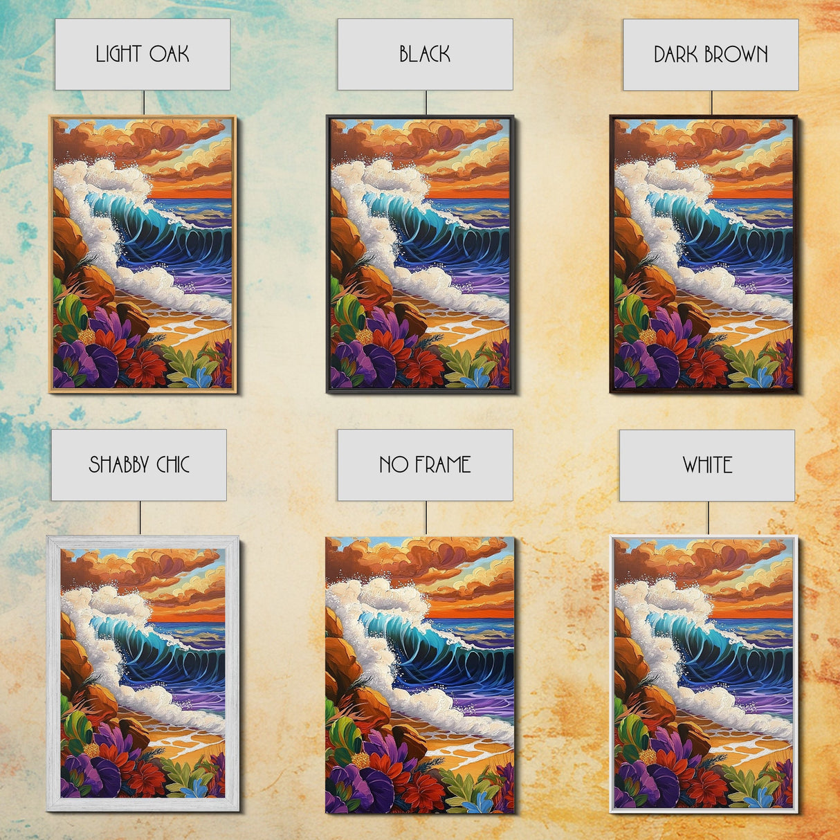 Wave Bold, Ocean, Sunset, Framed Canvas Print, Sunset surf wave crashing on rocks with bold colors, perfect beach house wall art