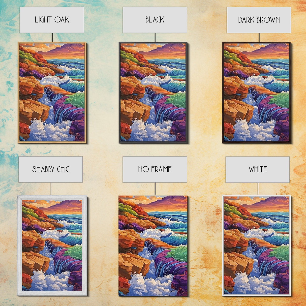 Waterfall Ocean, Rocks, Waves, Canvas Print, Vibrant ocean waterfall over rocky cliffs with colorful waves, ideal coastal living room