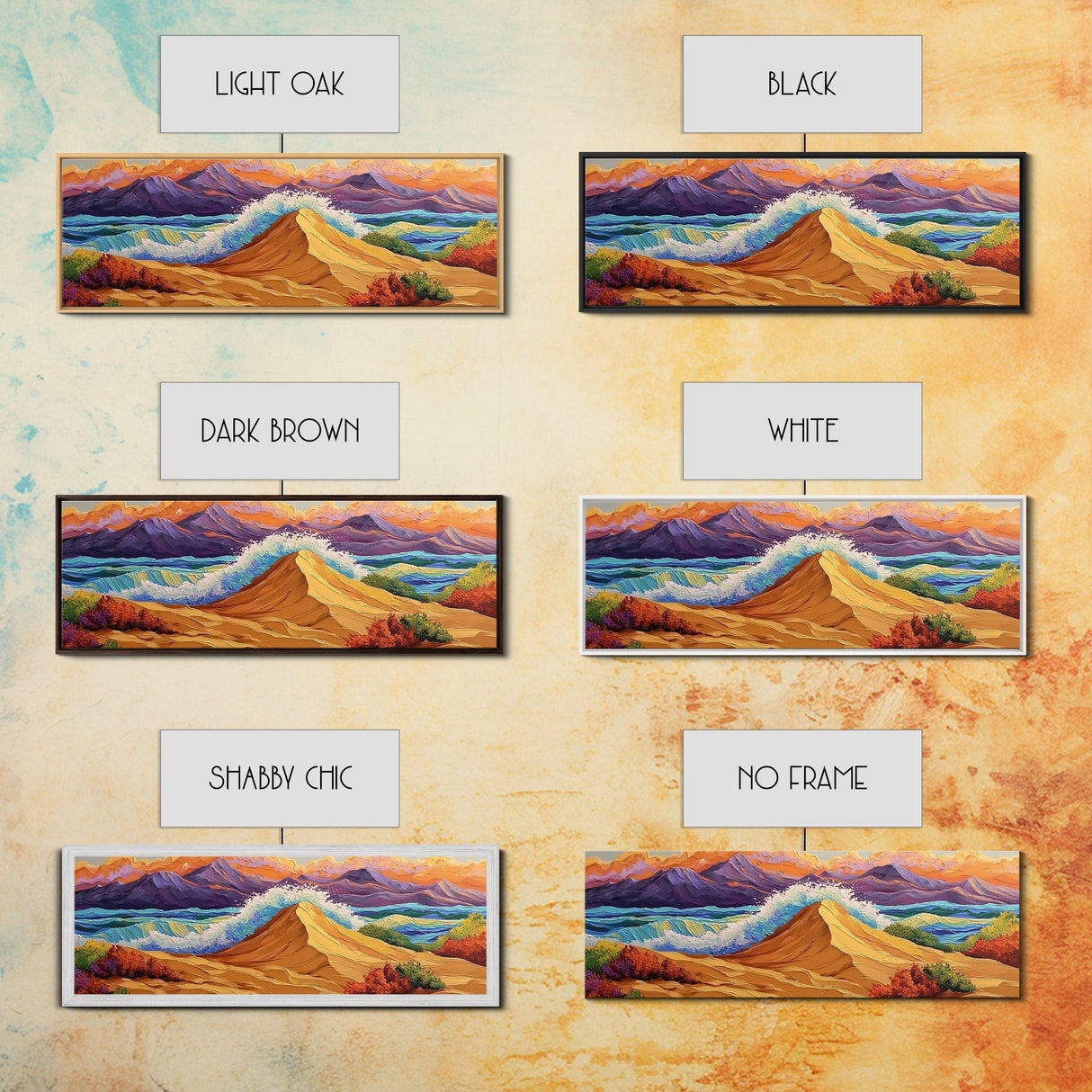 Desert Dunes, Ocean Splash, Sunset Mountains, Fall Tones Framed Canvas Print, Living Room Wall Art, Southwest Colorful Art